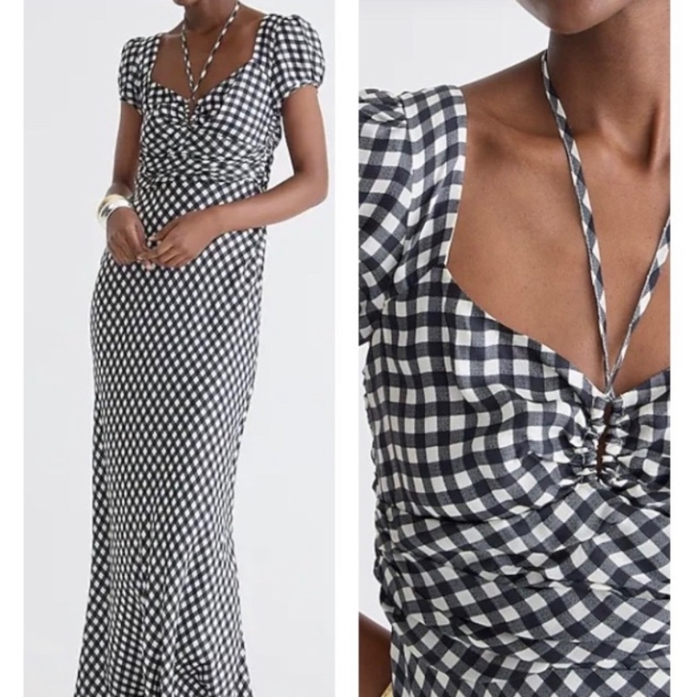J Crew Collection tie-neck cap-sleeve maxi dress in gingham